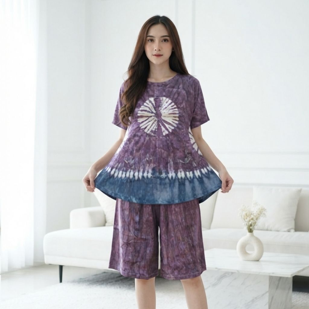 Setelan Wanita Lengan Pendek Celana Kulot Pendek Selutut Bahan Kaos Motif Tiedye Warna-Warni Kombina