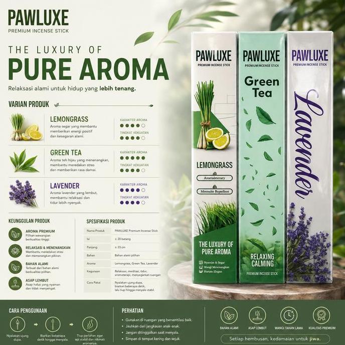 Beli 3 Lebih Murah / Dupa Premium Aroma Terapi Pawluxe  / Dupa Aroma Lemon Grass - Green Tea - Laven