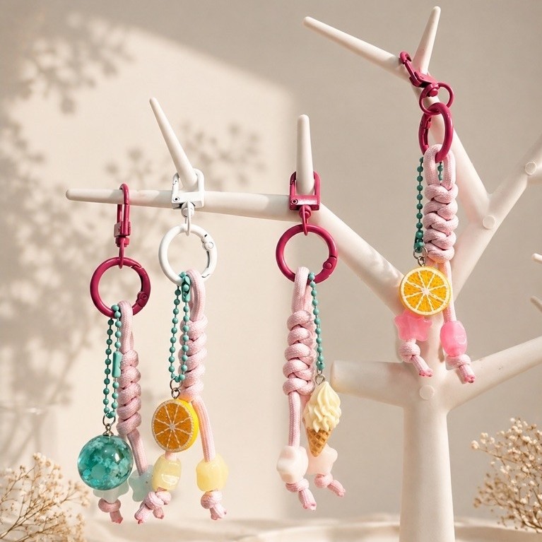 Gantungan Kunci Cord Charm Motif Limun dan Es Krim Warna Pink