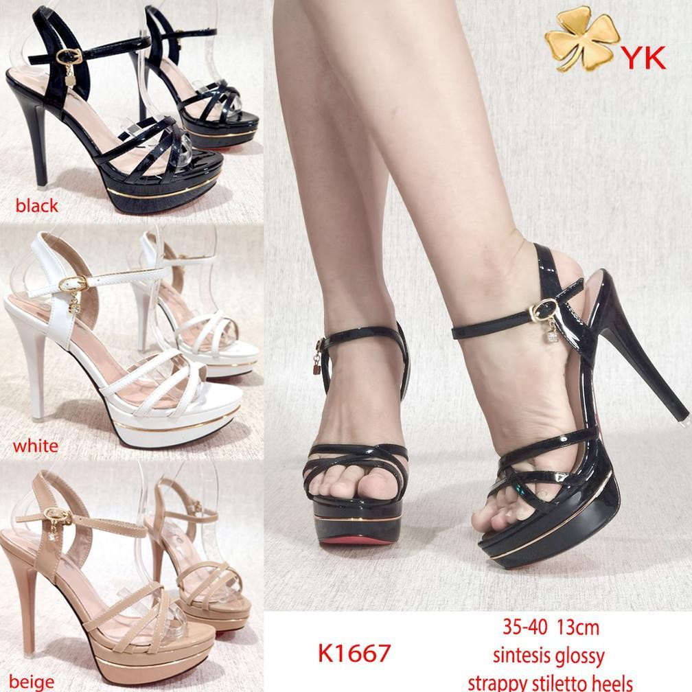 hot ykshoes 1667 heels 13cm strappy heels black white beige shoes  sepatu hak tali glossy