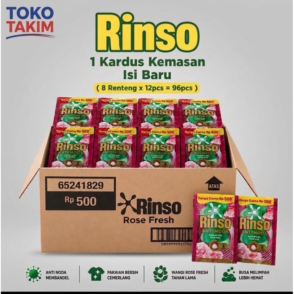 3 Dus Rinso Cair ( 1 Dus rinso cair isi 96 Sachet Rinso Cair Anti Noda 20g)