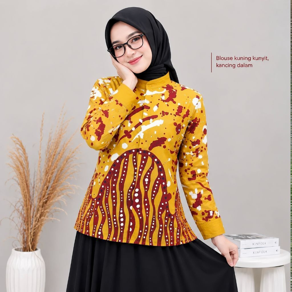 Blouse Batik Wanita Kantor kuning kunyit berkancing Lafis Furing motif terbaru kekinian katun solo n