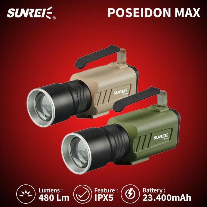 TERMURAH - Senter LED Jarak Jauh Sunrei Poseidon Max Flashlight Tembak Sorot IPX5