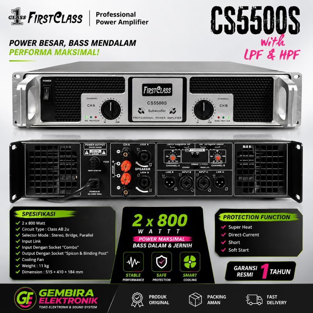 Power Amplifier FirstClass CS5500S 2 x 800 Watt Professional dengan LPF & HPF Original