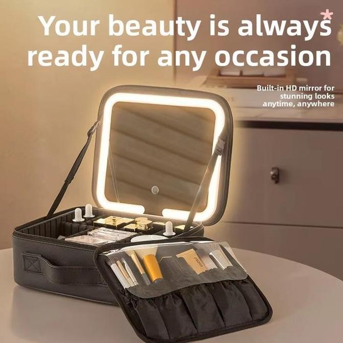 RETEKNO Tas Makeup Dengan Lampu LED  Make Up Box /Tas Kosmetik /Kotak Kosmetik /Beauty Case/2Tingkat