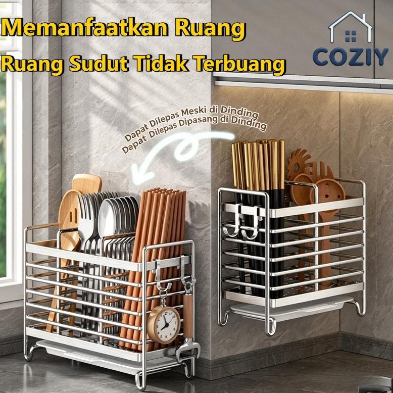 COZIY Rak Dapur Tempat Sendok Garpu Stainless steel fungsi tiris pemasangan tempel tanpa pengeboran