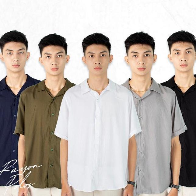 Fortklass Hem Pria Kemeja Polos Pria Lengan Pendek Kasual Slim Kemeja Katun Rayon Halus Hem Rayon Po