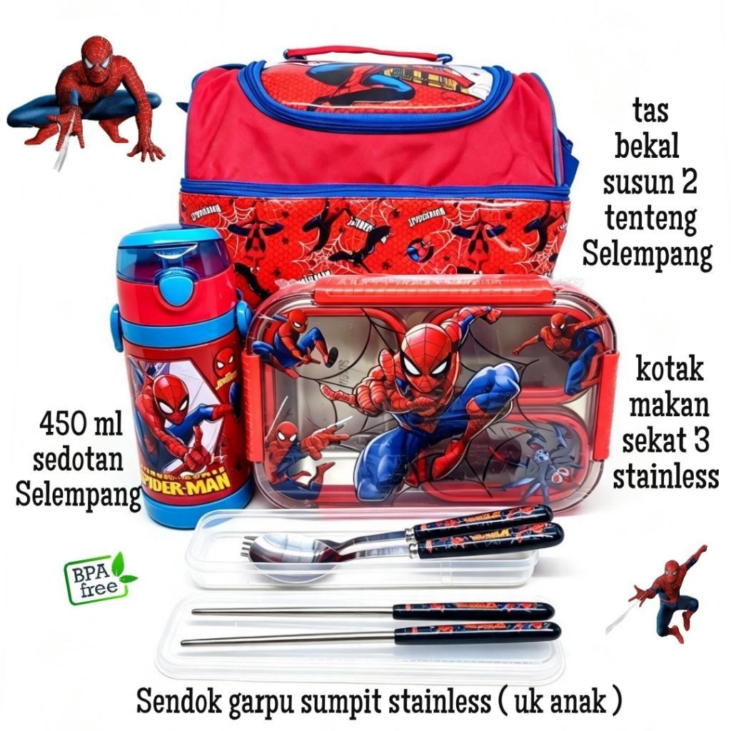 set bekal kotak makan spiderman stainless