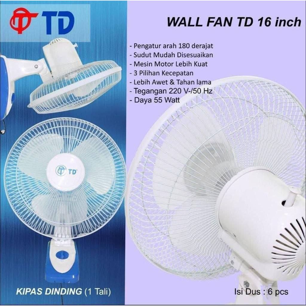 Kipas Dinding TD Wall Fan 16 Inch 3 Kecepatan 220V/50Hz 55W Pengatur Arah 180 Derajat