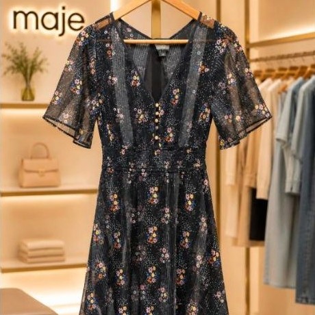 Mini Dress Wanita Hitam Motif Bunga Korea V Neck Lengan Pendek Sifon Silk Casual Elegan Import, dres