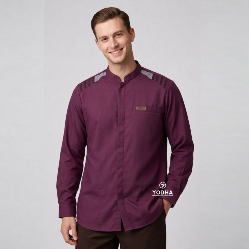 BAJU KOKO PRIA LENGAN PANJANG BURGUNDY KEMEJA KOKO DEWASA KERAH SHANGHAI KATUN TOYOBO ABU PUTIH