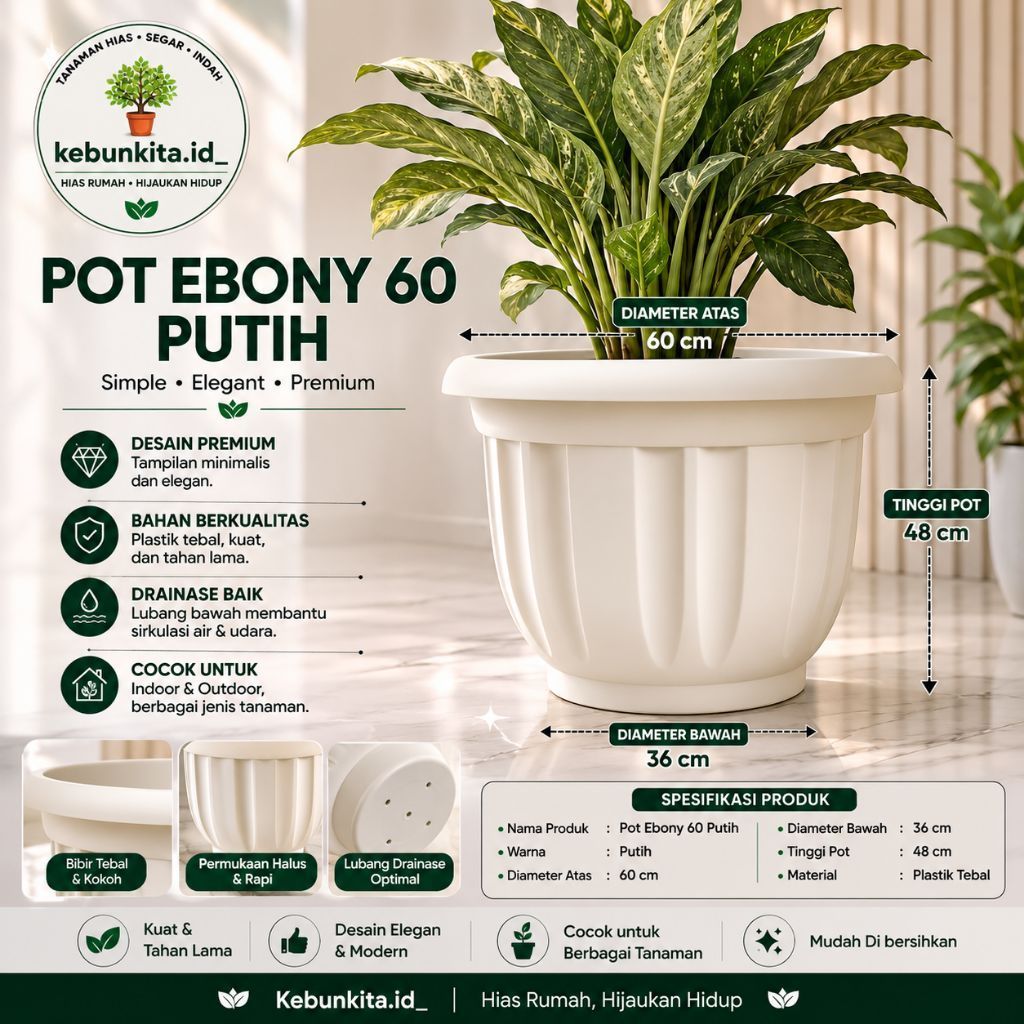 Pot Ebony 60 Putih | Pot Tanaman Besar Diameter 60 cm | Pot Hias Plastik Indoor Outdoor