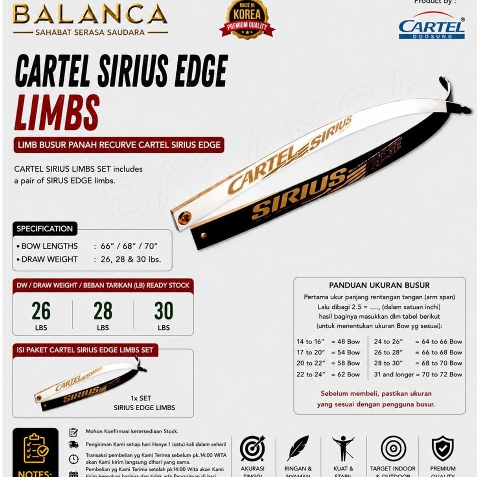 CARTEL SIRIUS EDGE Limbs Recurve Bow 66 68 70 Inch 26 28 30 Lbs Original Korea