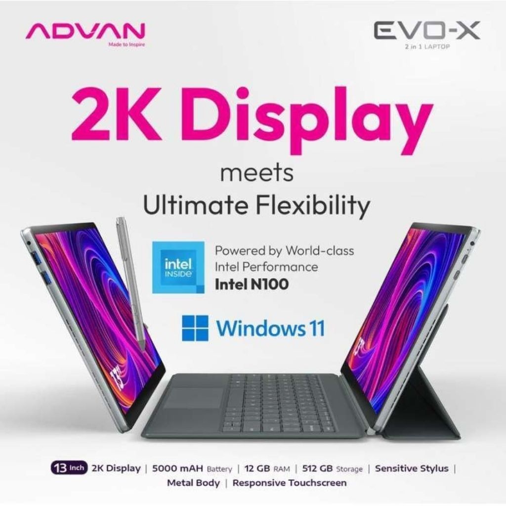 Advan EvoX 13 Intel N100 Laptop 2 In 1 Tablet Windows Intel N150 13 inch 2K IPS Ram 12GB Storage 512