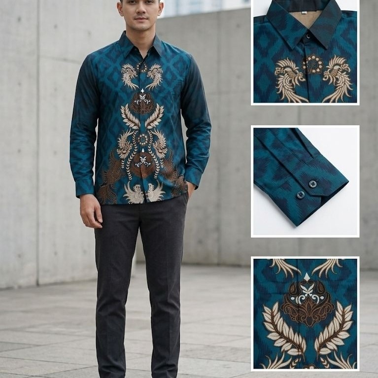 Batik Pria Lengan Panjang Lapis Furing Biru Emerald Bahan Katun Modern Reguler - Seragam Batik Pesta