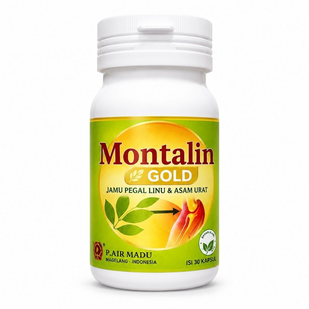MONTALIN GOLD – HERBAL ALAMI UNTUK REDAKAN ASAM URAT DAN NYERI SENDI KEMASAN BOTOL ISI 30 KAPSUL