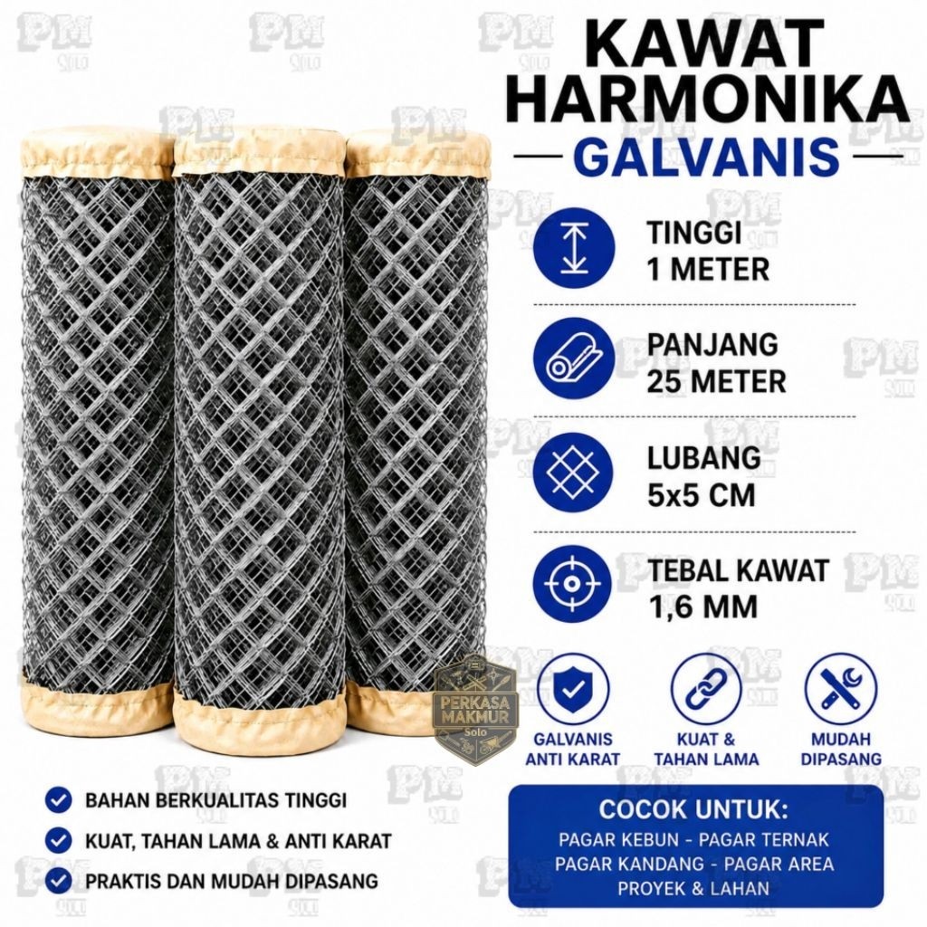 Kawat Harmonika Galvanis (5 cm x 5 cm x 1 mtr x 25 mtr)