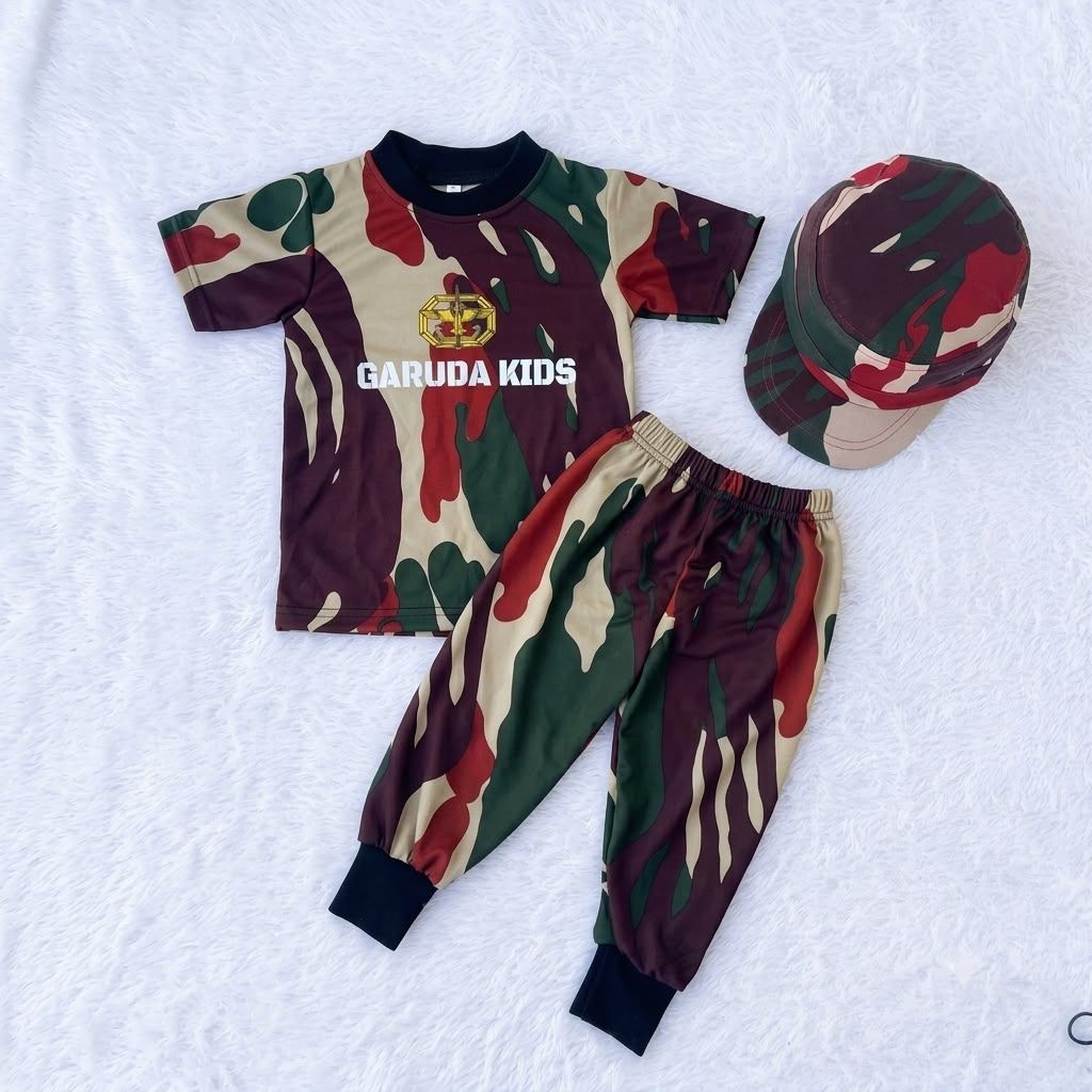 Setelan Kaos Anak Usia 1-8Tahun Motif Loreng KOPASUS+Topi Komando Terbaru dengan Memadukan Koas Pend