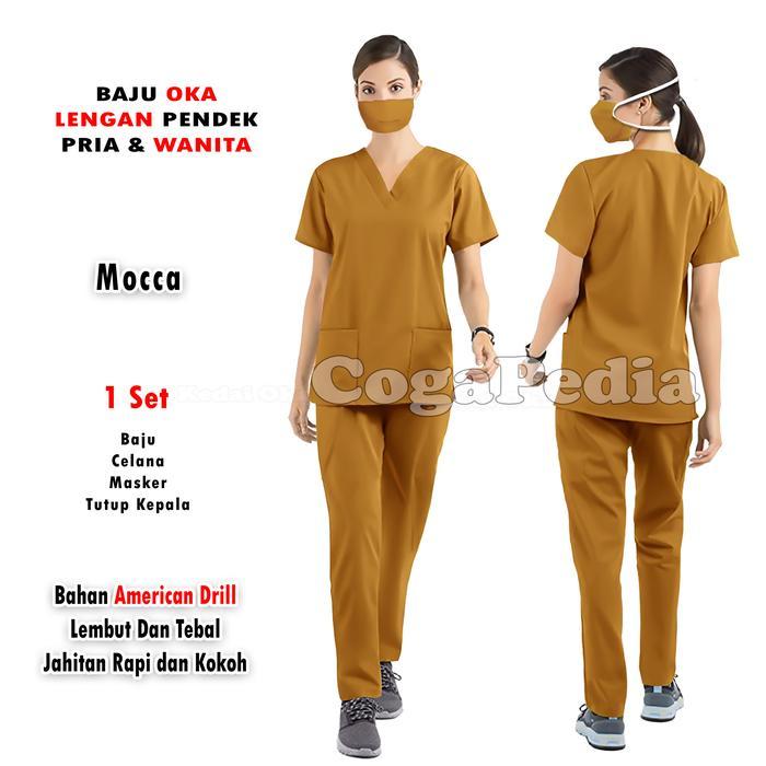 Baju Oka Lengan Pendek - Scrub Oka Medis - Baju Stenen Perawat Dokter - Mocca, S