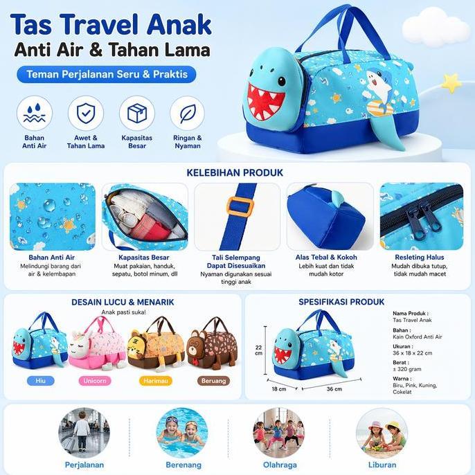 SHWARASA Tas Travel Anak Karakter Hewan Lucu Duffel Bag Anti Air Waterproof Selempang Jinjing Slempa