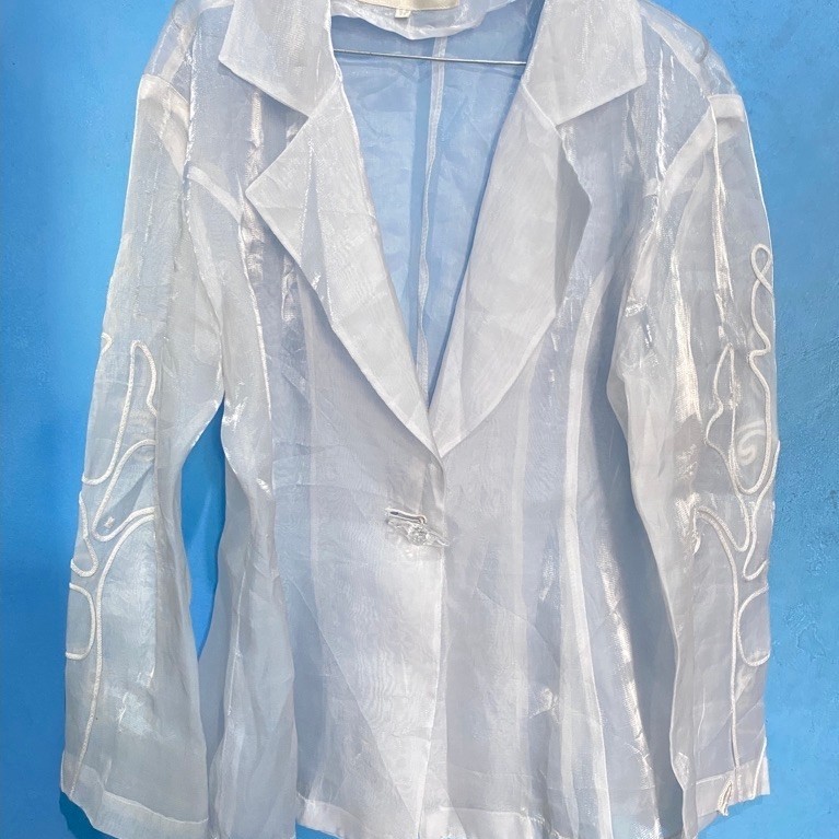Blazer Organza Putih transparan Sheer outer kondangan pengan bordir