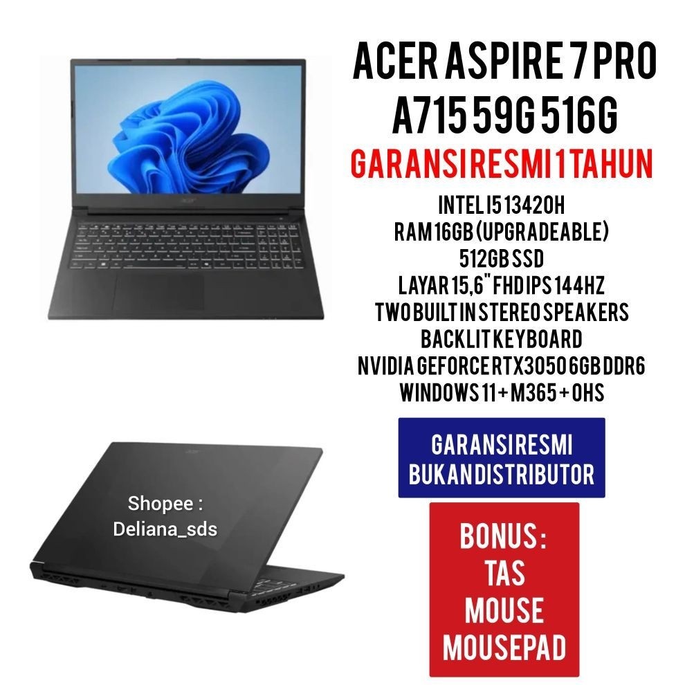 Laptop Acer Aspire 7 Pro A715 59G 516G Intel I5 13420H RTX3050 6GB DDR6 16GB/512GB 15,6" FHD IPS 144