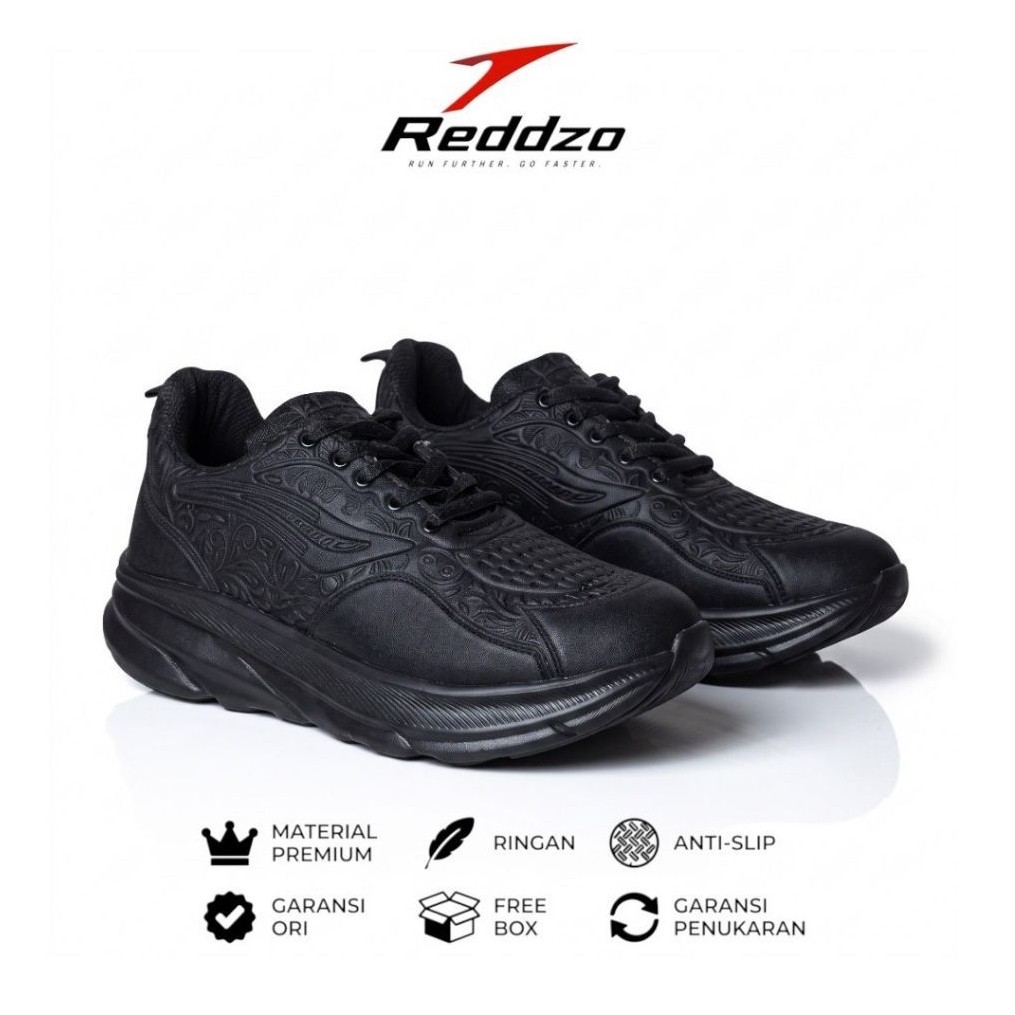 Reddzo Sepatu Fullblack Sekolah Kantor Running Jogging Sneakers Javen 39-43