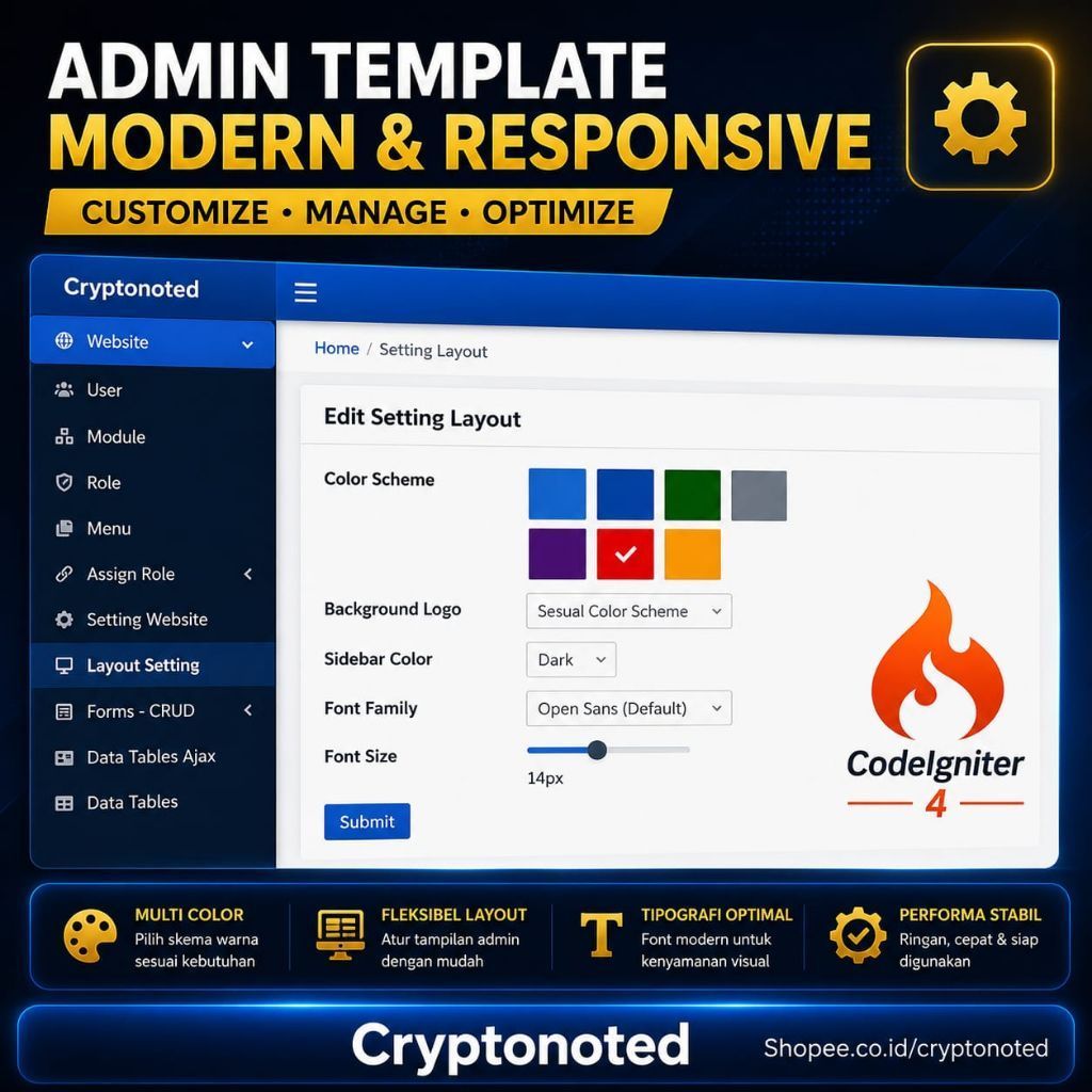 Aplikasi source code Admin Template Dashboard Codeigniter 4 (CI4)