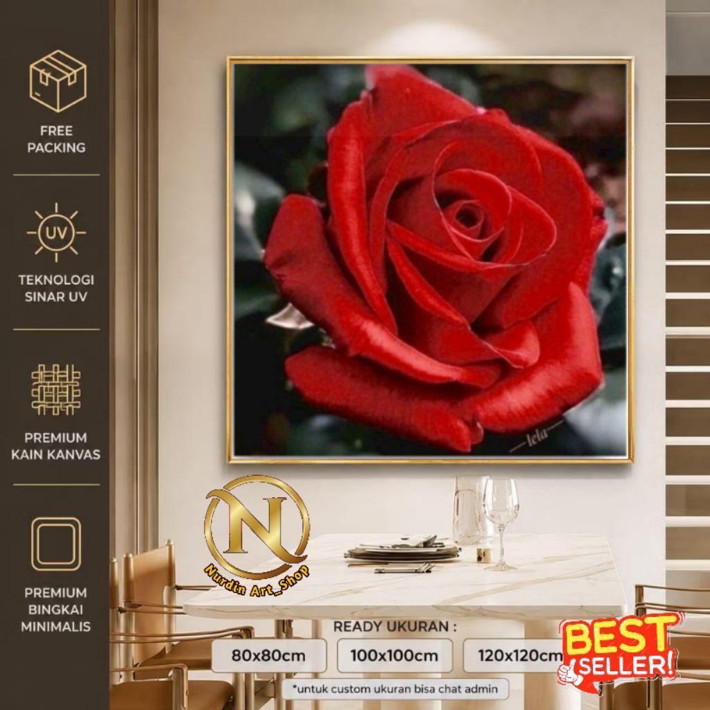 Lukisan Bunga Mawar Merah Hiasan Dinding Plus Frame