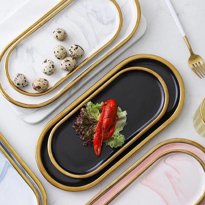 Bebida - Nampan Piring Oval Keramik Marble Tray List Gold Grey Pink Jasmine Ceramic Hoomey