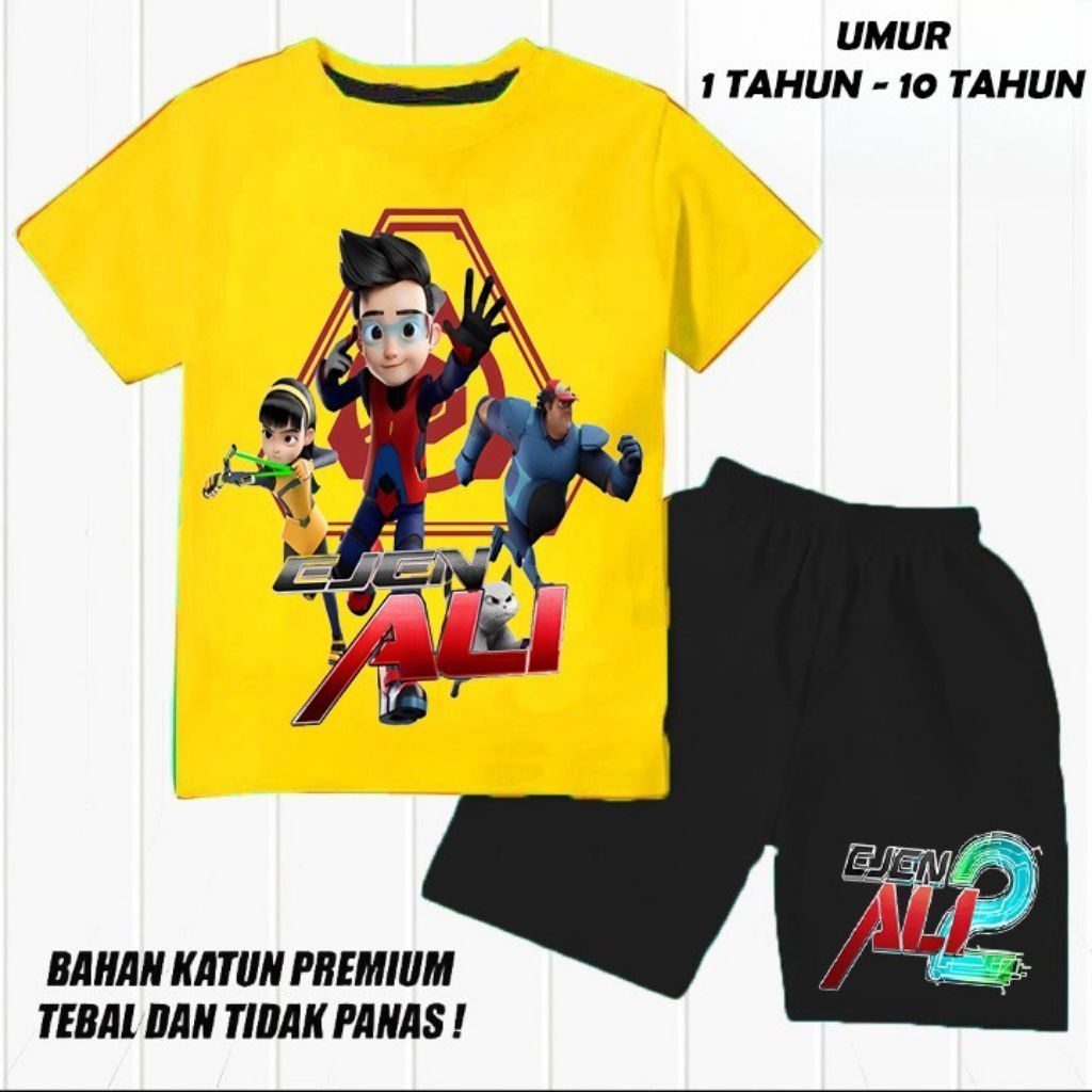 setelan baju set kaos anak laki laki/perempuan,bahan katun premium sablon dtf ejen ali