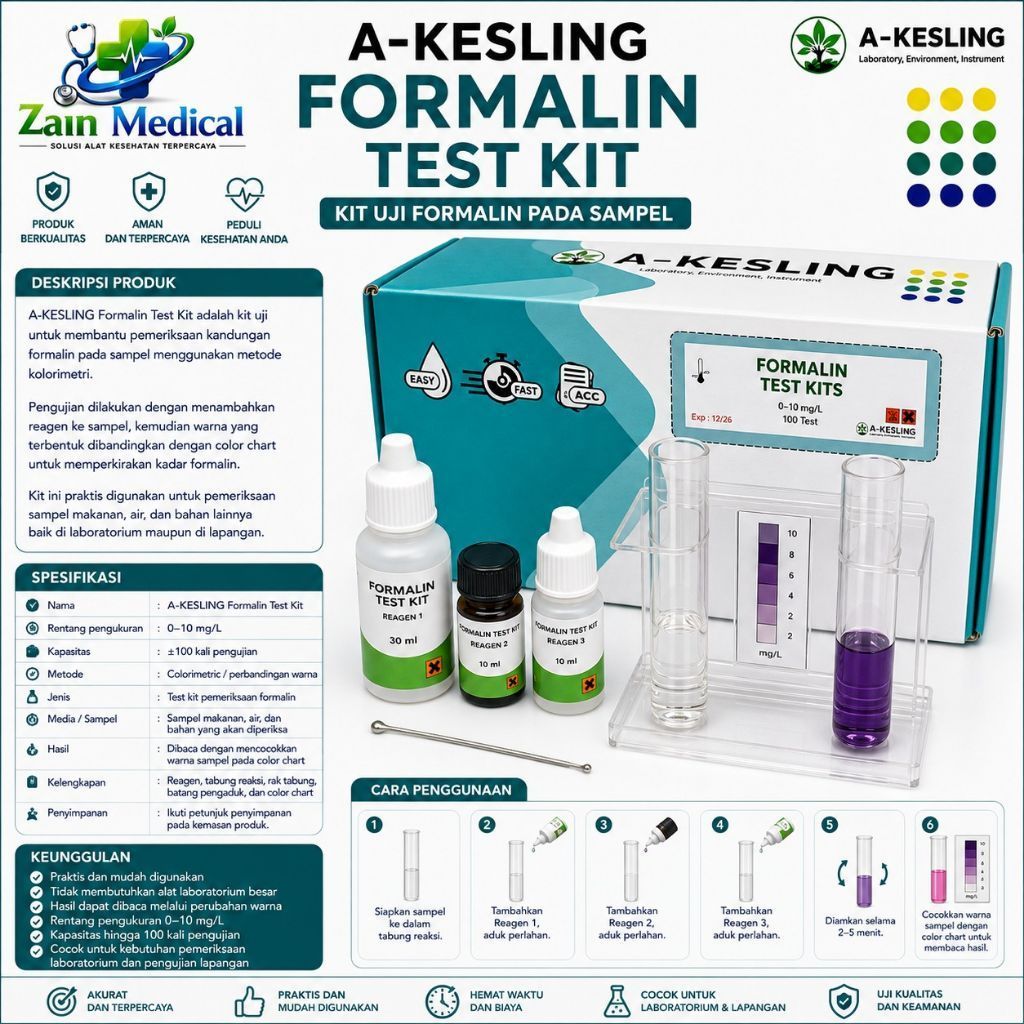 A-KESLING Formalin Test Kit 0-10 mg/L-100Test | Kit Uji/Formalin Cgecker Makanan & Lingkungan
