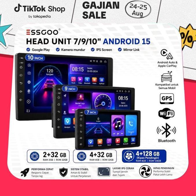 ESSGOO Head Unit Android 15 mobil 4G+64G  7/9/10 Inch 2 Din Kontrol Suhu Cerdas IPS Layer Mobil Navi