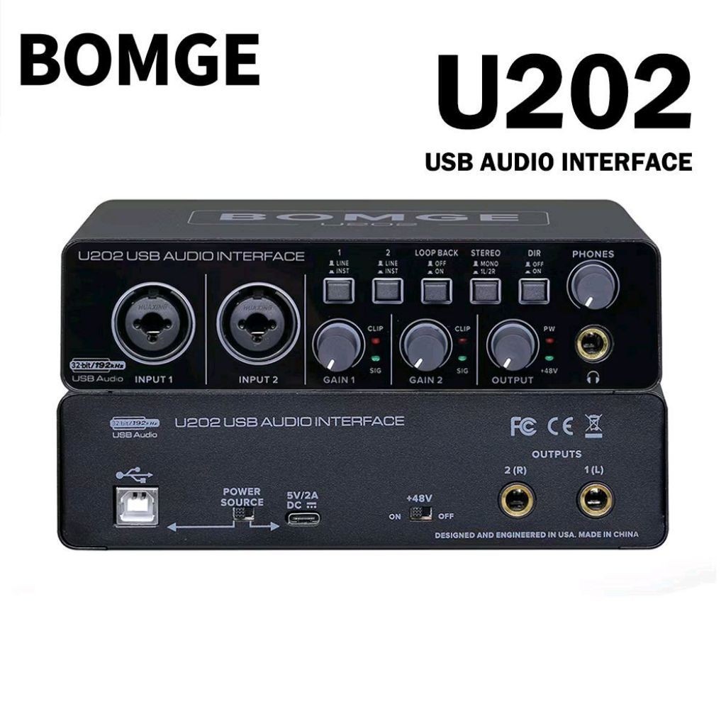 BOMGE U202 USB Audio Interface 32bit/192kHz Input 1 Input 2 Output Stereo dengan Loop Back