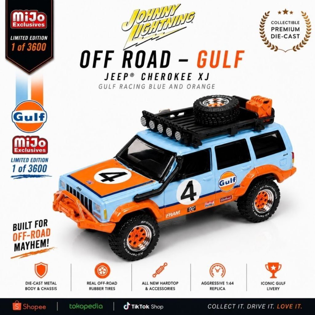 MiJo Exclusives — Johnny Lightning — Off Road — Gulf Racing — Jeep Cherokee XJ 1:64 Die-cast