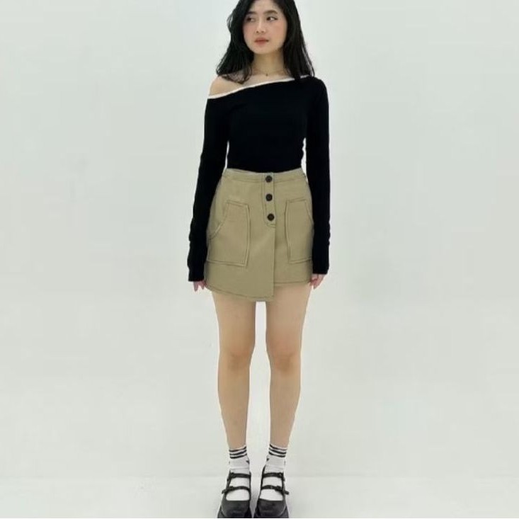 Virginia Stacy One Shoulder Top Putih Rajut Stretch