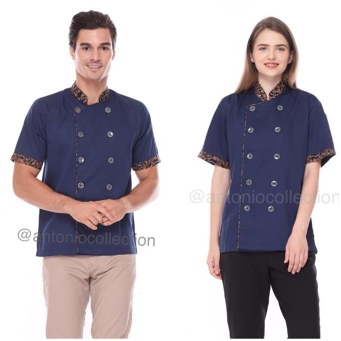Baju Koki / Chef Jacket Biru Dongker Lis Batik Unisex Lengan Pendek