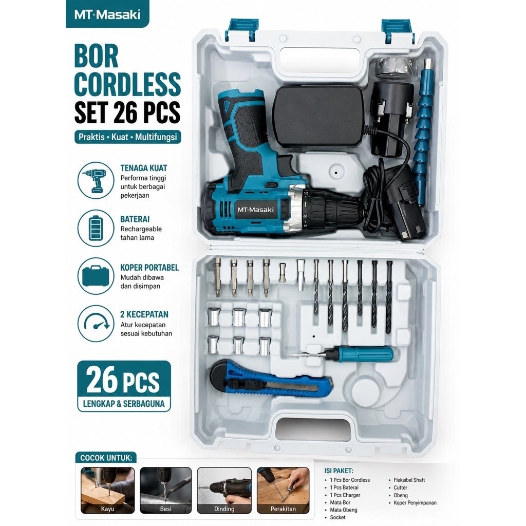 MT-Masaki Bor Cordless 26 PCS Set Mesin Bor Baterai Rechargeable Lengkap Mata Bor & Obeng