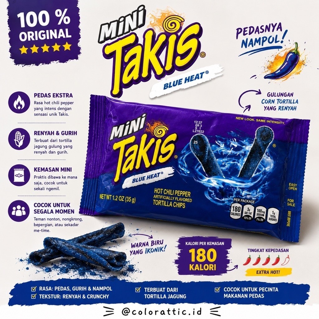 Takis Blue Heat Mini Hot Chili Pepper Flavored Extreme Spicy Rolled Tortilla Chips - From Usa