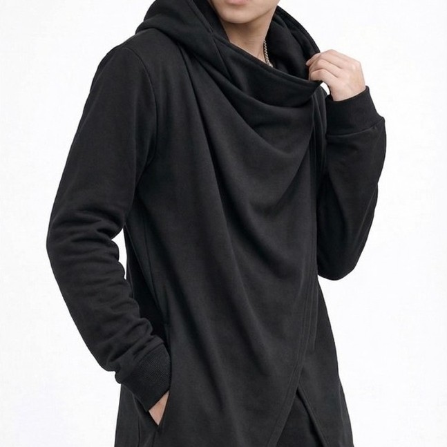 Jaket Sweater Donovan Coat Hoodie Kancing Asimetris Casual Fit Fleece Tebal