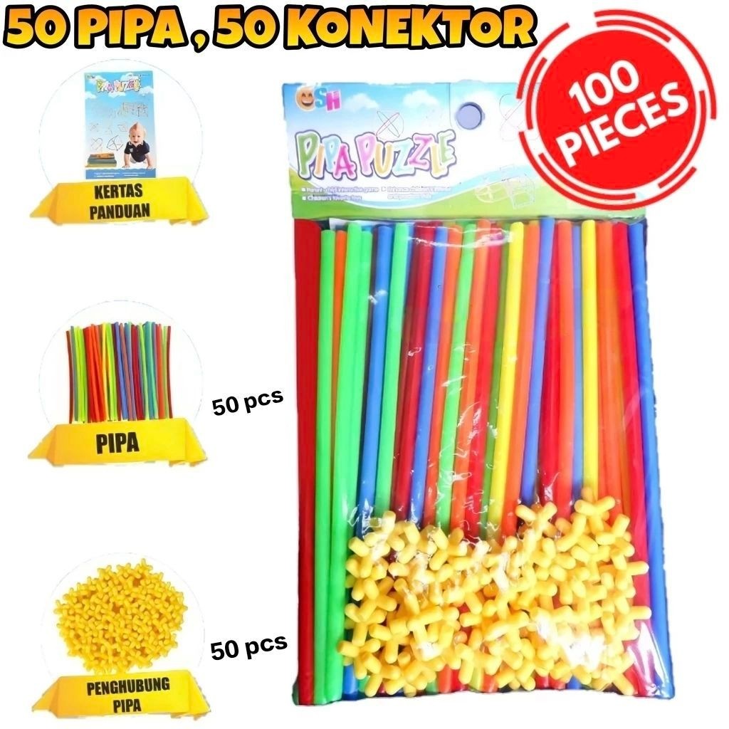 1316 Mainan Magic Straws Pipa Puzzle Isi 50 pcs Pipa puzzle Dan 50 konector / Mainan Anak Sedotan Aj