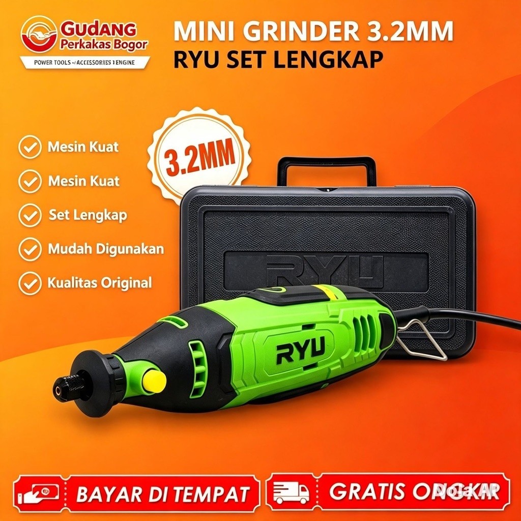 RYU Bor Ukir Mini Die Grinder RDG 3.2 Mesin Grafir Porting Gerinda Tuner SET Aksesoris ORIGINAL