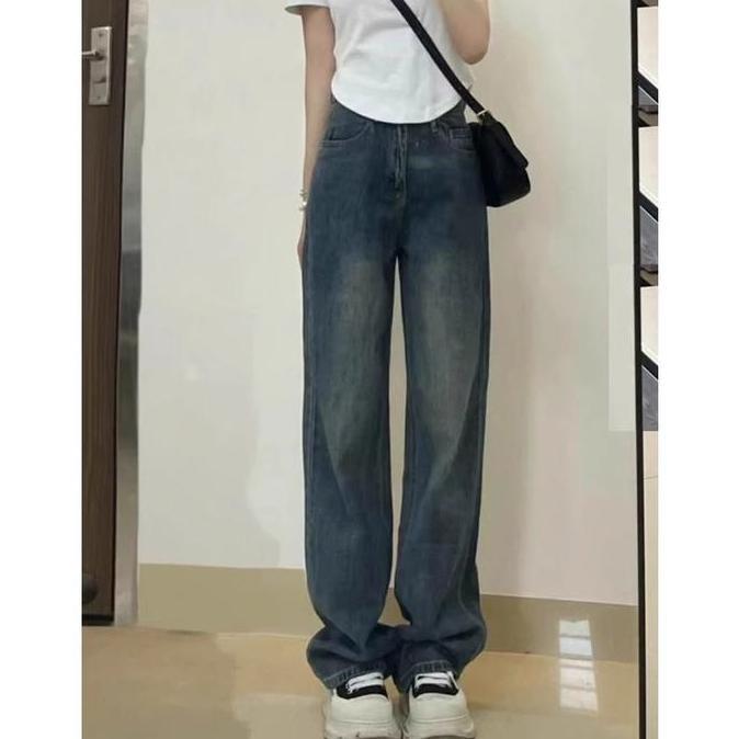 Biru retro Celana jeans wanita Premium Celana jeans lurus longgar ala Korea