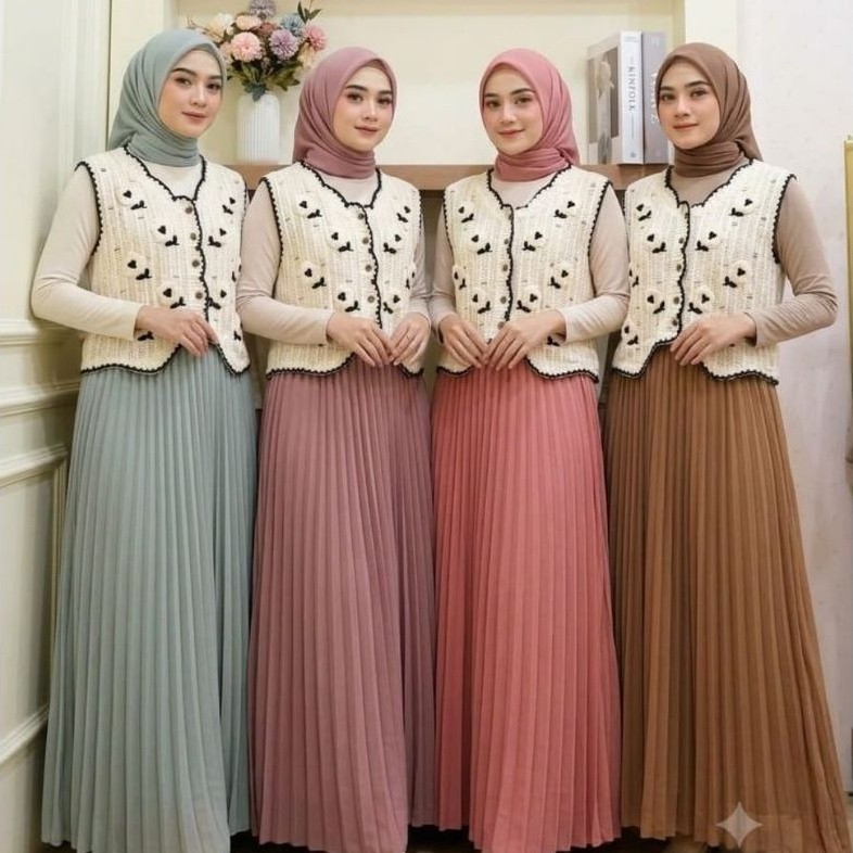Gamis Lebaran Outer Rompi Vest Boho Yuna 997-2269 flow Renda Borklat Plisket
