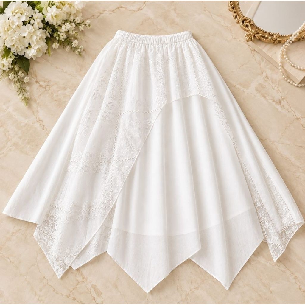 Rok Lace Wanita Putih Elegan | Rok Flowy Panjang 96cm | Rok Fashion Korea**