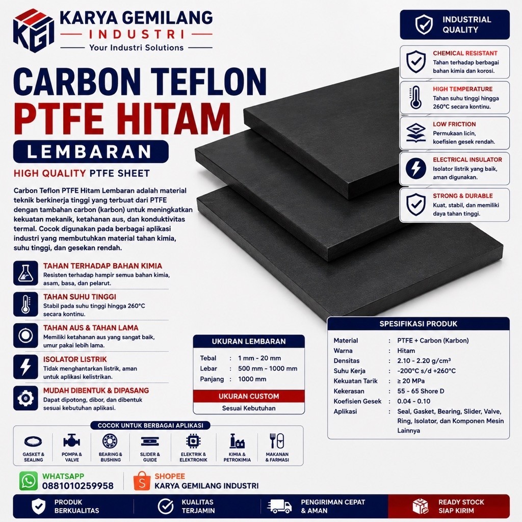 Carbon Teflon PTFE Hitam Lembaran 8mm x 500mm x 500mm Plat PTFE Carbon Tahan Panas Anti Gesek
