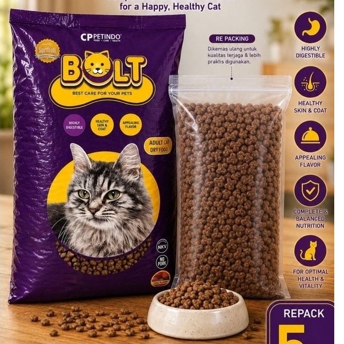 BOLT Adult 5kg Repack - Makanan Kucing Kering Dewasa Ecer Kiloan Dry Food Ikan Tuna Donat Salmon