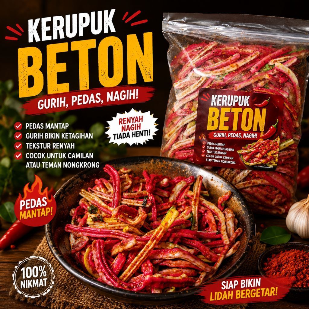 Kerupuk Beton Pedes Level Nagih - Cemilan Kriuk Gurih dengan Daun Jeruk Asli, Sekali Coba Auto Repea