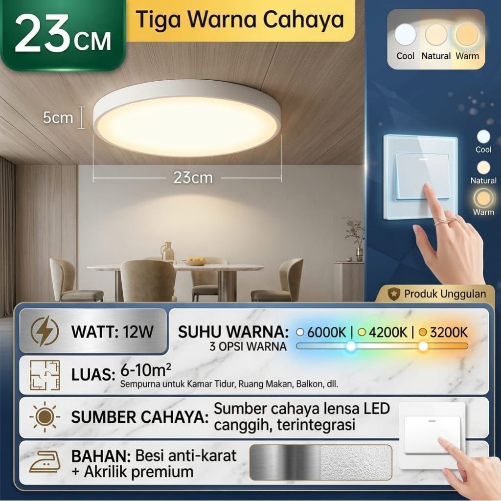 Termurah Lampu Plafon Minimalis LED 3 Warna / Lampu Plafon Estetik Gaya Bulat PVC