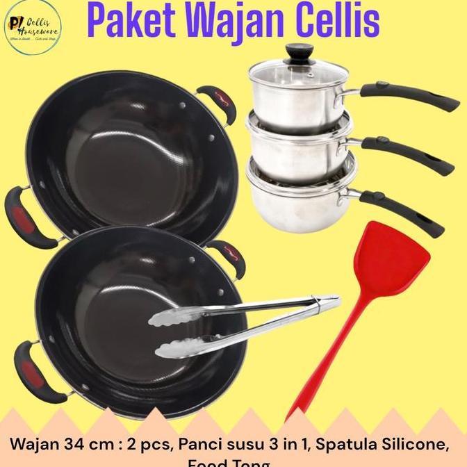 Pilihan Tepat Paket Wajan Cellis { 2 pcs Wajan Enamel 34 cm + Panci susu 3 in 1 + Spatula Silicone T